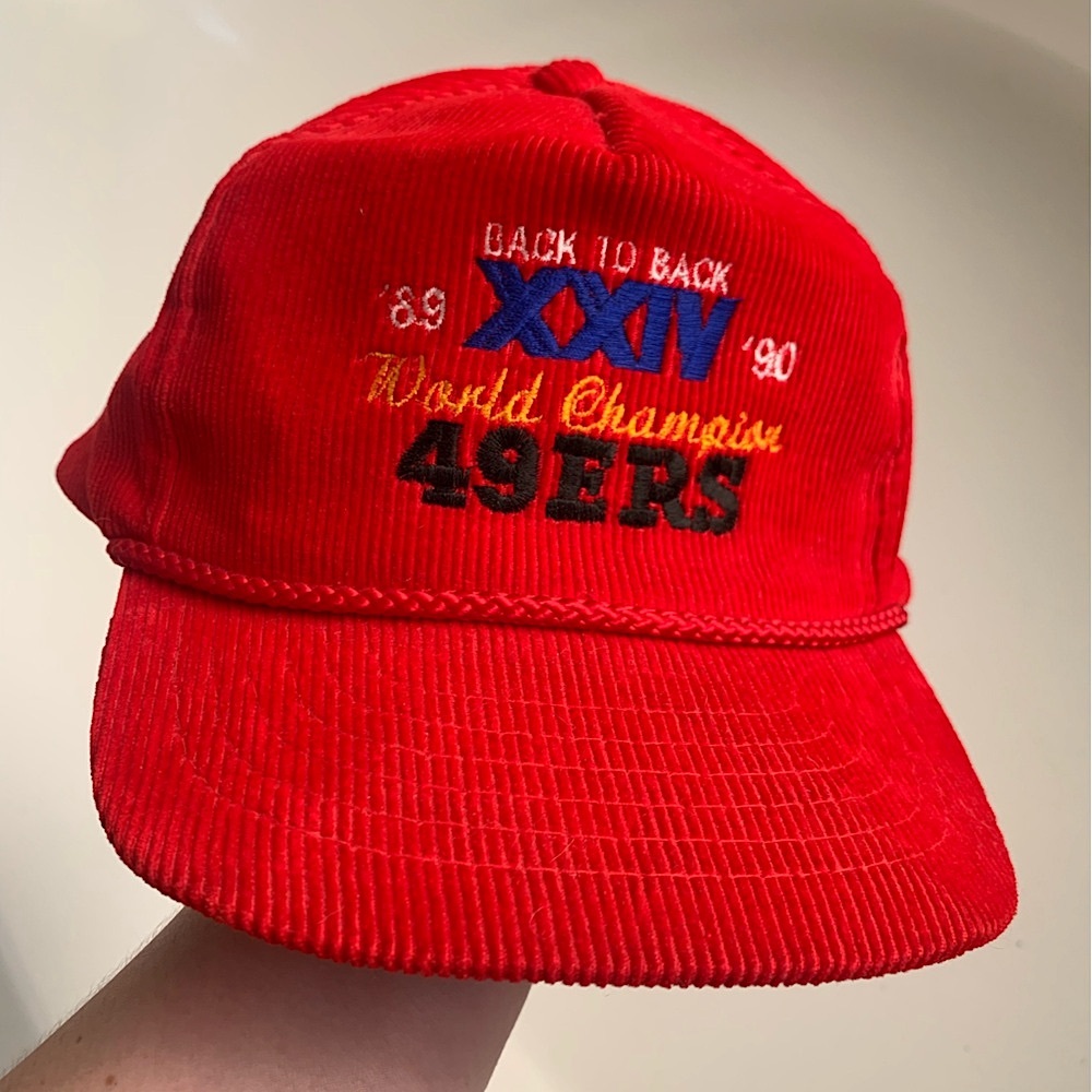 Vintage SF 49ers Hat Red Corduroy Back to Back XXIII XXIV Super Bowl Champions